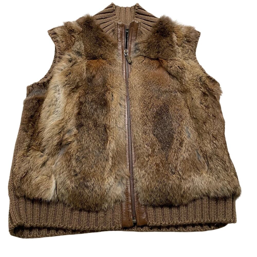 Women's Lord & Taylor Rabbit Fur Knit Vest size M Brown Zip Up